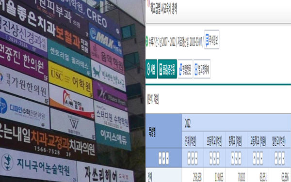 학원가의 모습과 통계청 사교육비 자료/사진=네이버 지도 캡쳐, 통계청 공식홈페이지